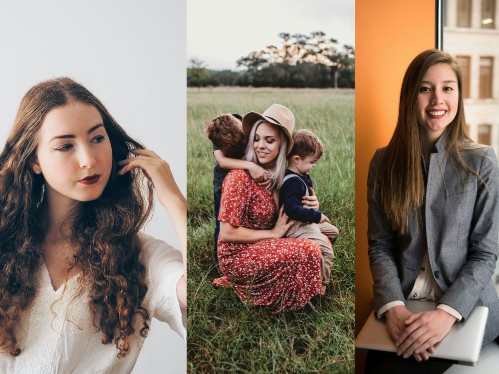 Nesta imagem temos a imagem de tres mulheres diferente, mas que poderia ser a memsa mulher desempenhando os mesmos papaeis no dia a dia, Nessa imagem você vai entender que é possivel se vestir bem, para um jantar, para está com seus filhos e no seu trabalho. 